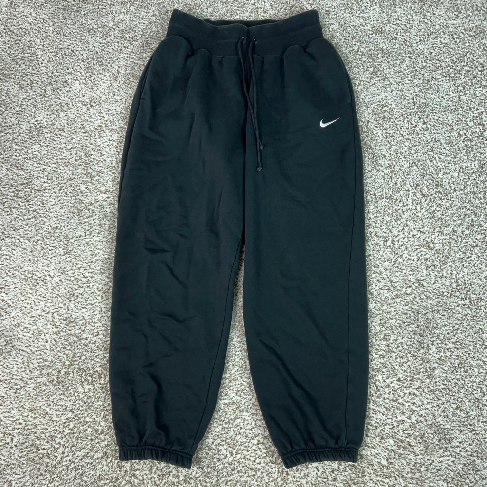 Nike Sweatpants Womens Medium Black Fleece Drawstring Cuffed Joggers Swoosh Gym